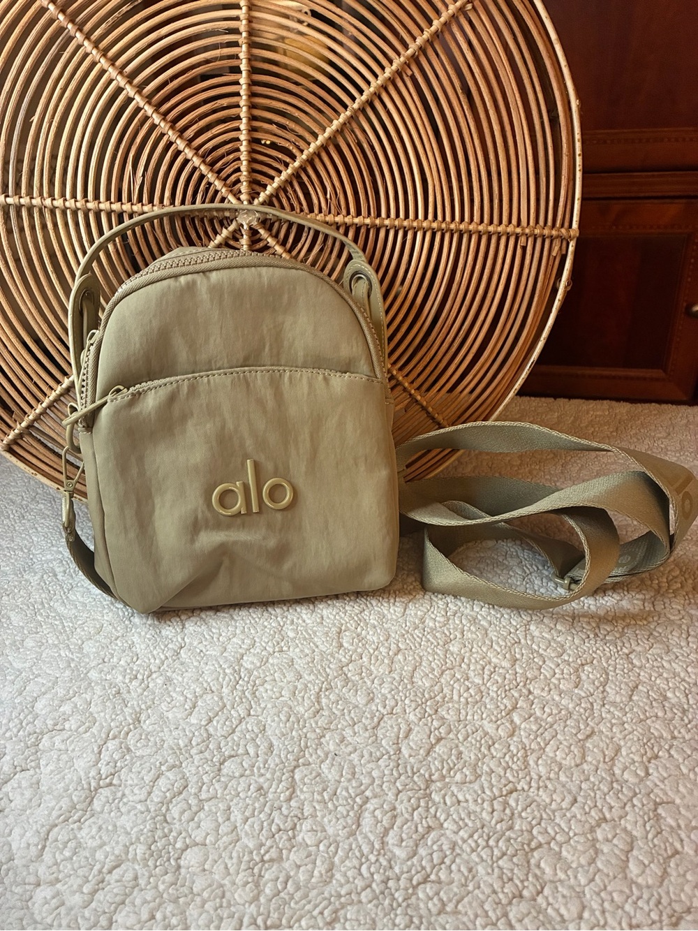 Alo Yoga Beige Mini Crossbody Bag Nylon Logo Adjustable Strap